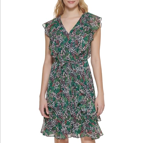 Image of Tommy Hilfiger Women's Sleeveless V-Neck Ruffle Trim Tie Waist Chiffon Mini Dress