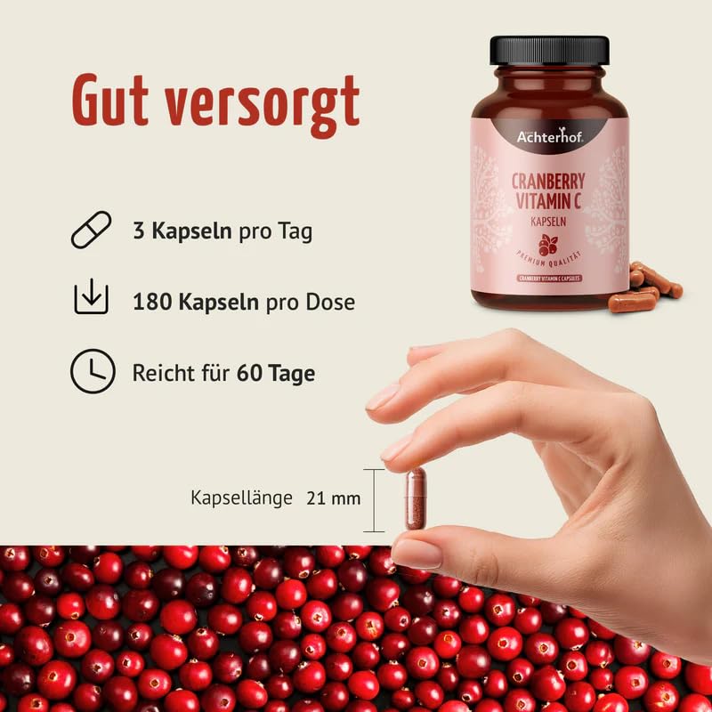 Cranberry Vitamin C Kapseln 180 Stück | mit natürlichem Vitamin C aus der Acerola | bewährte und vegane Pflanzenstoffe | Achterhof (Packung mit 2)