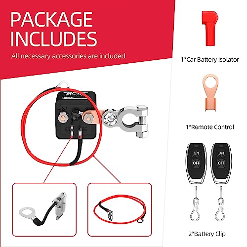 Joinfworld Remote Battery Disconnect Switch 12V 200A Car Kill Switch Anti-Theft Remote Control Switch with Two Remote Control Relay Fobs for Auto Truck Boat