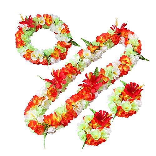 Hawaiian Luau Flower Leis Jumbo Necklace Bracelets Headband Set Mahalo Floral Leis (Sun red,Green and White)