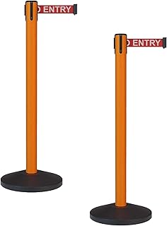 Montour Line MS630 Set of 2 Retractable Belt Barrier Stanchion, Sloped Base, Orange Post (13 ft Red with