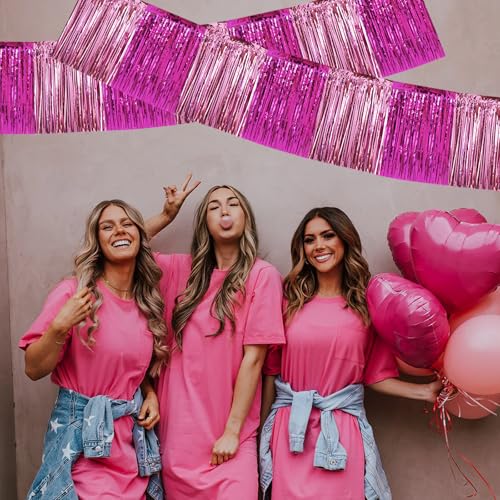 Image of BEISHIDA 3 Packs Metallic Foil Fringe Garland Pink Mix Wall Hanging Tinsel Fringe Banners for Car Floats Birthday Baby Bridal Shower Wedding Graduation Holiday Party Decoration(30 Feet)