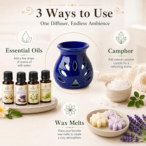 Image of BRAHMZ Ceramic Aroma Diffuser Set of 4 with 4 Tealight Candles | Essential Oil Burner for Home Fragrance | Tea Light Candle Diffuser | Aromatherapy Oil Warmer for Bedroom, Living Room, Office & Spa