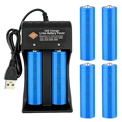XPJBKC 18650 Ladegerät mit 4 Pack 3 7V 3200mah Akkus Wiederaufladbarer Spitzer Spitze USB 2 Schacht Batterieladegerät 18650 Akku Li-ion für Taschenlampe Kleinen Lüfter und Stirnlampe