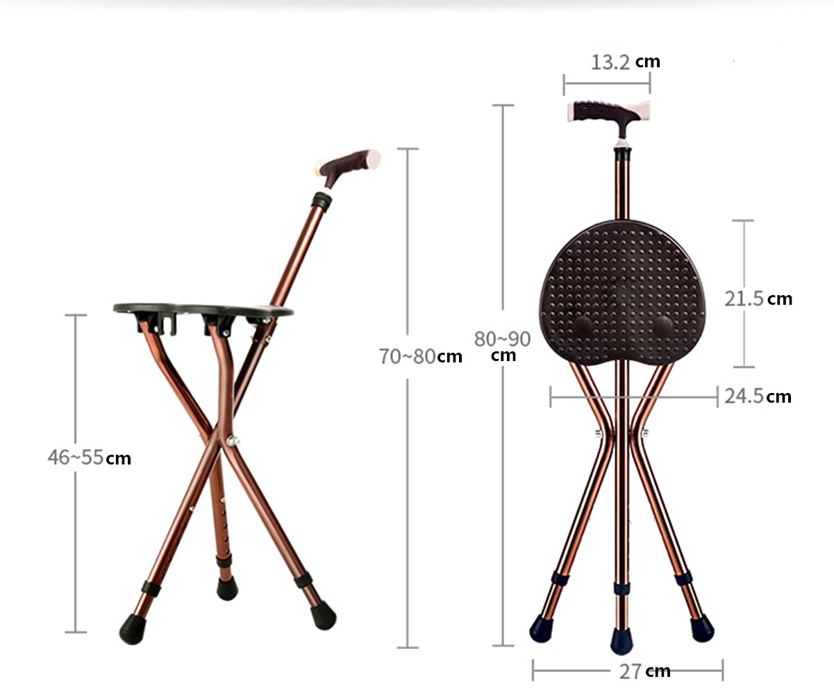 Bastone Da Passeggi Sedia, Ultraleggero Portatile Bastone Con Seggiolino, Manico Forma A T Antiscivolo Stabile Aiuto Alla Mobilità Regolabile Altezza Bastone Tripode,Marrone