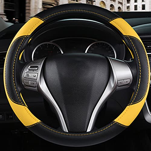 Image of Leather Car Steering Wheel Cover, Non-Slip Car Wheel Cover Protector Breathable Microfiber Leather Universal Fit for Most Cars (Black&Yellow)