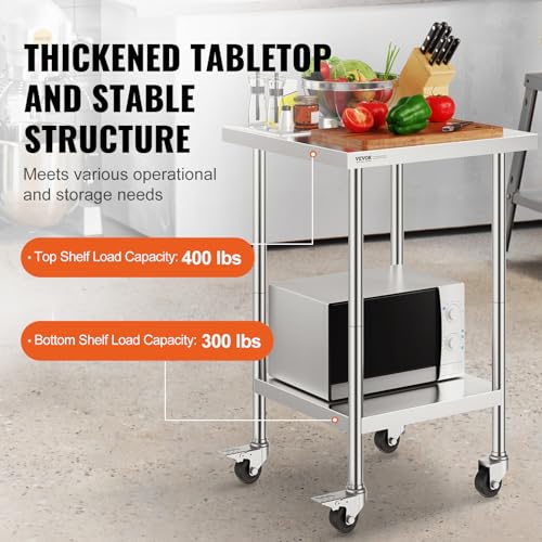 Image of VEVOR Stainless Steel Work Table 24 x 24 x 38 Inch, 700 LBS Load Capacity with 4 Wheels, 3 Adjustable Height Levels, Heavy Duty Food Prep Worktable for Commercial Kitchen Restaurant, Silver