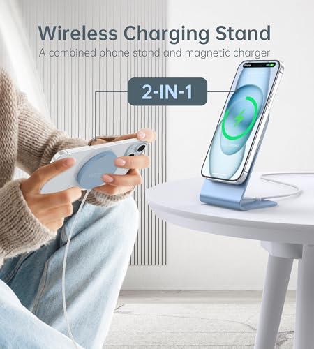 Image of Magnetic Wireless Charger for iPhone 17-12 Series + Aluminum Charger Stand | Mag Charger+20W USB C Adapter, Fast Wireless Charging Stand /Pad with 5ft USB-C Cable for iPhone 17 /16 /15 /14 /13 /12, Airpod Pro