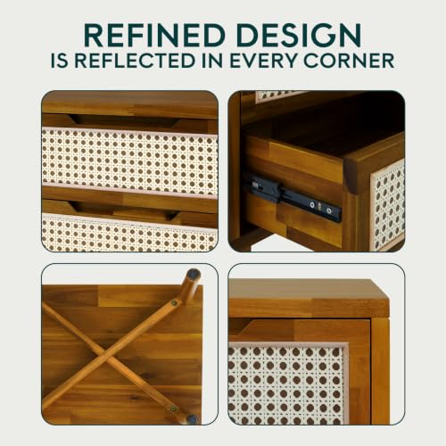 Image of Bme Oliver Solid Wood Rattan Nightstand /Side Table /End Table, Fully Assembled, for Bohemian & Mid Century Style Bedroom and Living Room, Caramel | Fully Assembled