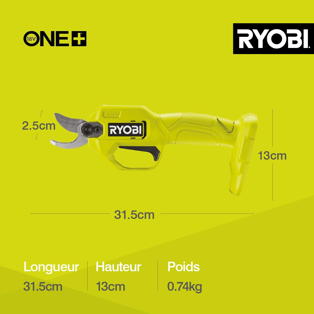 RYOBI - Sécateur Sans Fil 18V ONE+ RY18SCA-0 – Coupe Jusqu’à 25 mm, Lame Acier, Sécurité Active – Taille Facile Branches et Rosiers – Batterie Non Incluse