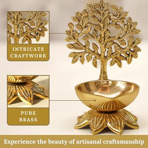 Image of BEHOMA Brass Kalpvriksh Tree with Birds (5.9 inch) & Kalpavriksha Diya (4.1 inch) Combo | Kalpavriksha Tree of Life Showpiece for Table | Vastu Home Decor & Puja Temple Ornament | Good Luck Gift
