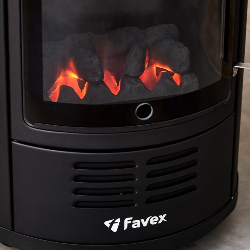 FAVEX - Chauffage d'appoint à gaz Volga - Prêt à l'emploi livré avec tuyau et détendeur - Infrableu effet feu de cheminée - 6 puissances de chauffe Thermostat - Jusqu'à 40 m² - Noir