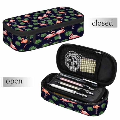 Image of Pink Flamingo Pencil Bag Green Leaves Bird Dot Dark Blue Big Capacity Pencil Case Pencil Pouch Pen Bag School Students Boy Girl