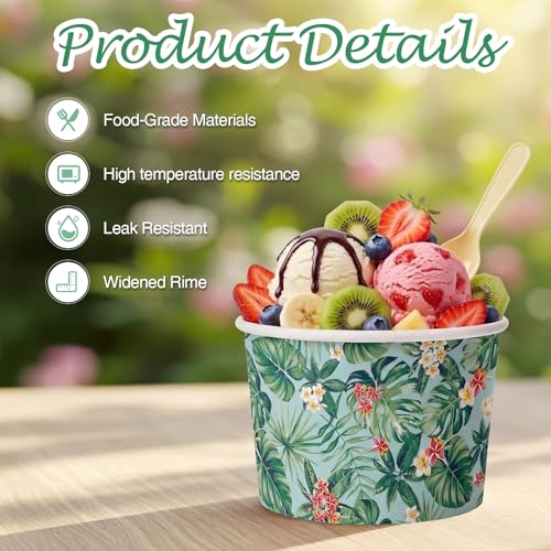 Image of Funnymoom 50 Pack Hawaiian Luau Ice Cream Cups 9 oz Aloha Tropical Palm Leaves Disposable Dessert Bowls Hawaii Paper Soup Bowls Snack Cups for Hot or Cold Food for Summer Beach Birthday Party Supplies