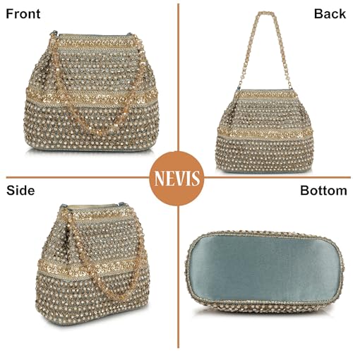 Image of Nevis Silk Fabric Premium Pearl & Crystal Embroidered Potli Bag for Women | Ethnic Bridal Clutch with Golden Handle | Party & Wedding | Potli Bag