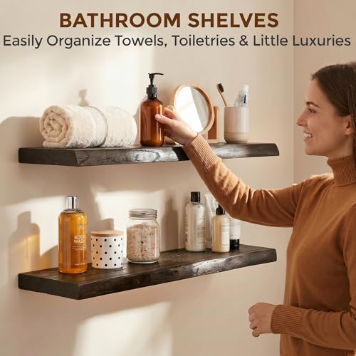 Image of Dreamland Rustic Elm Woood Floating Shelves for Wall Decor, Live Edge 30 inch W x 8 inch D H Floating Shelves Set of 2, Wall Mounted Deep Wooden Shelf for Living Room, Bedroom, Kitchen, Bathroom, Walnut