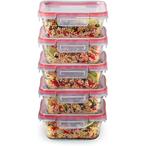 Pyrex Freshlock 5-Pack (4-Cup) Glass Food Storage Containers Set, Airtight & Leakproof Locking Lids, Freezer Dishwasher Microwave Safe Cover
