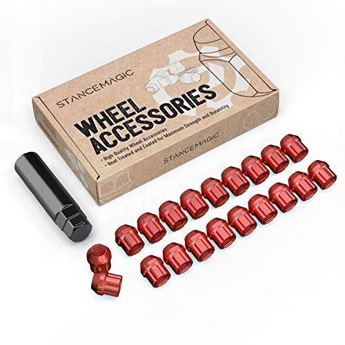 20pcs Red Spline Drive Lug Nuts - 12x1.5 Threads - 0.85 inch Length - Open End - Cone Seat - Includes 1 Socket Key Tool - Compatible with Acura Chevy Honda Lexus Mazda Scion Toyota Hyundai Tuner