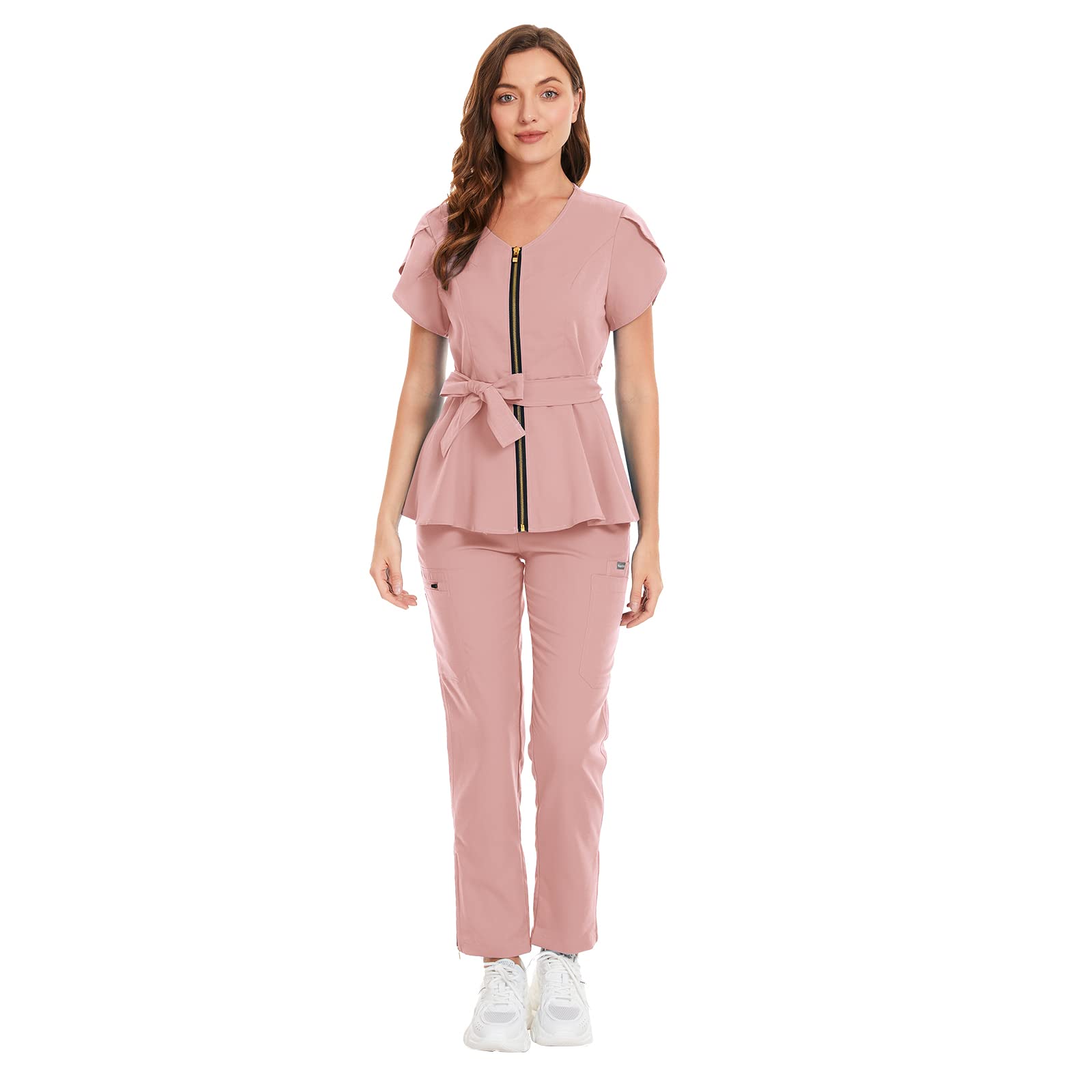 niaahinn Scrub Set for Women Medical Uniform Scrub Top & Pants with Zipper Drawstring Pants Nursing Dental Workwear (Pink,XS,X-Small)