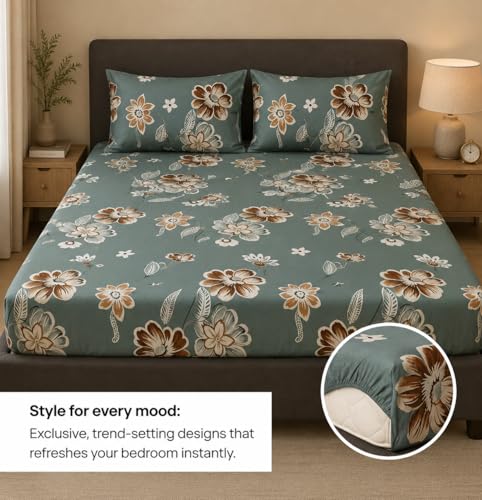 Image of 276 TC Cotton Feel All Around Elastic Fitted Bedsheet, Elastic Fitted Bedsheet King Size Bedsheet for Double Bed with 2 Pillow Covers, Size - 72 x 78 x 8 Inch Color White
