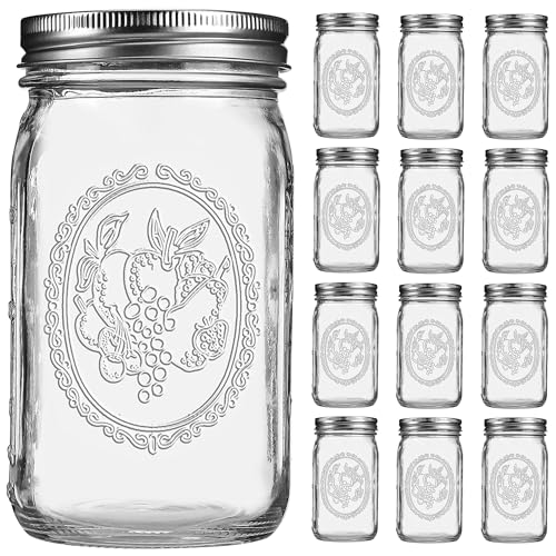 12 Pack 32oz Wide Mouth Mason Jars With Leak Proof Lids - Airtight Glass Quart Canning Jars with Metal Lids and Bands for Meal Prep, Pickling, Fermenting, Food Storage, Freezing, DIY Crafts