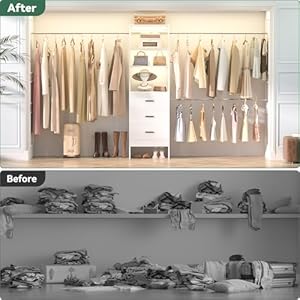 96'' Closet Organizer System with 3 Hanging Rods (Without 3 Storage Shelves), 8FT Closet Systems, Wall Mount Bedroom Wardrobe with 3 Wood Drawers, Adjustable Garment Rack from 5 to 8FT, White 96 Closet Organizer System with 3 Hanging Rods Without 3 Storage Shelves 8FT Closet Systems Wall Mount Bedroom Wardrobe with 3 Wood Drawers Adjustable Garment Rack from 5 to 8FT White