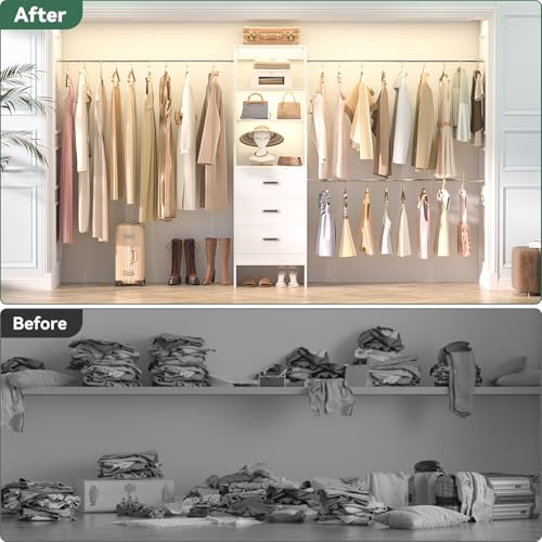 96-Closet-Organizer-System-with-3-Hanging-Rods-Without-3-Storage-Shelves-8FT-Closet-Systems-Wall-Mount-Bedroom-Wardrobe-with-3-Wood-Drawers-Adjustable-Garment-Rack-from-5-to-8FT-White 96 Closet Organizer System with 3 Hanging Rods Without 3 Storage Shelves 8FT Closet Systems Wall Mount Bedroom Wardrobe with 3 Wood Drawers Adjustable Garment Rack from 5 to 8FT White