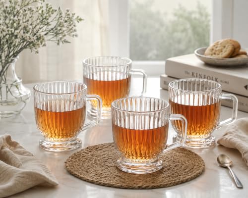 Image of IndusBay Fluted Glass Tea Cups with Handle [Pack of 4] (160ml) - Premium Crystal Clear Coffee Mugs, Vintage Ribbed Chai Glasses |Lead-Free & BPA-Free