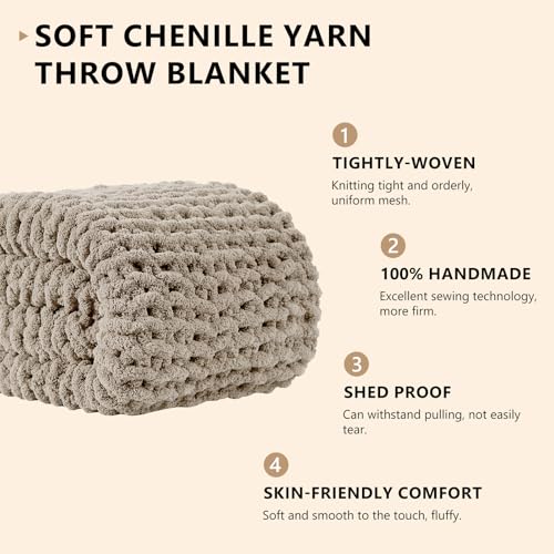 L'AGRATY Chunky Knit Blanket Throw: 72''x84'' Chenille Chunky Knitted Throw Blankets for Bed Couch - Handmade Thick Big Cable Knit Blanket - Large Crochet Rope Blankets for Home Decor(Light Linen)