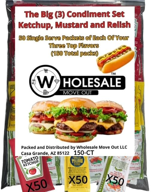 Wholesale Move Out Condiment Variety Pack, 150 Single Serve Packets, Ketchup Mustard Relish, 50 Each