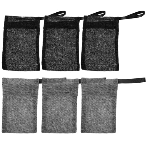 Amosfun Bolsas de Jabón para Ducha 6 Piezas (3 Negras 3 Grises) de Malla Espumante, Reutilizables y Fáciles de Limpiar, Bolsa para Barra de Jabón, Adecuado para Lavado de Cara, Manos