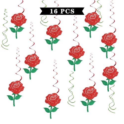 Rose Flower Hanging Swirl Decor - Glitter 16 Pcs Bridal Shower Party Supplies - Mom Women Birthday Party - Engagement - Wedding Streamers - Valentine's Day Party Foil Swirls Ceiling Decorations