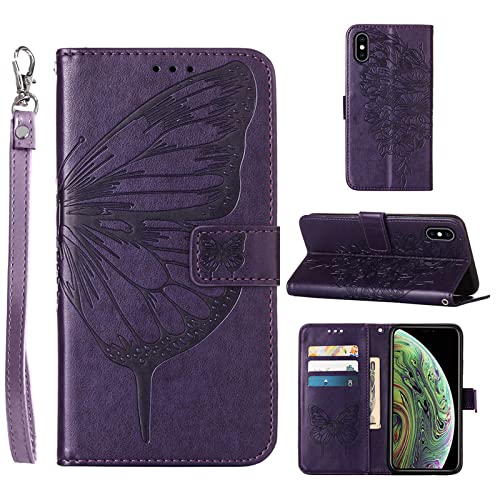 Moment Dextrad for iPhone X Case Wallet/iPhone Xs Wallet Case,for iPhone 10 Case,[Kickstand][Wrist Strap][Card Holder Slots] Butterfly Floral Leather Flip Cover (Purple)
