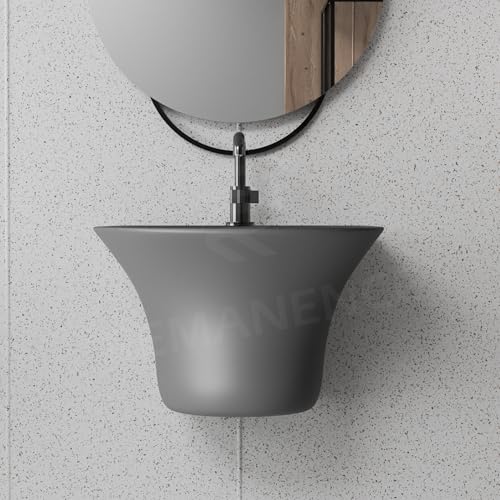 Image of REMANENCE Luxury Wall Mount Half Pedestal Wash Basin for Bathroom | Designer Wall Hung Basin | Wall Mounted Washbasin for Resturent, Hotels (16 x 16 x 11 Inch) (Matte Grey)