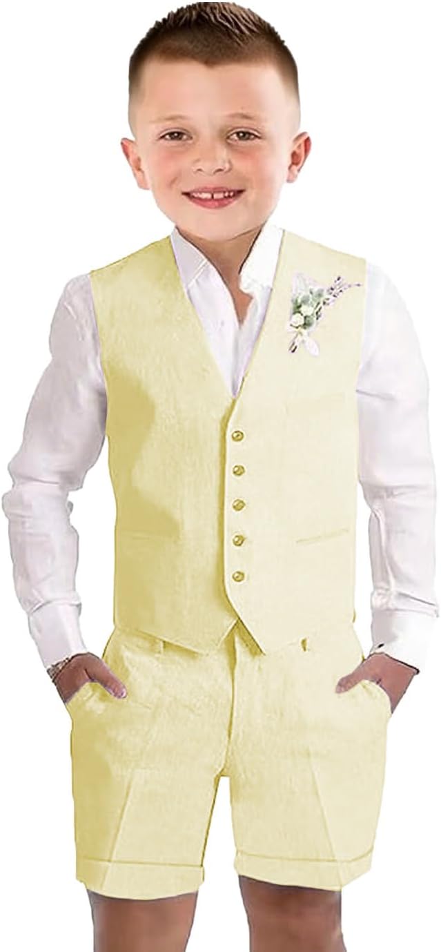 Boys 2 Piece Linen Vest Short Pants Suits Toddler Tuxedo Suit Set for Teen Boys Kids Wedding Summer