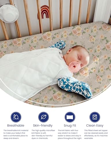 Image of TotAha Crib Sheets for Boy Girl, Premium Soft Fitted Crib Mattress Sheet, Super Stretchy Jersey Knit Baby Bed Sheets, 28x52x9 Extra Deep Pocket, 2 Pack (Vintage Rose & Brunch)