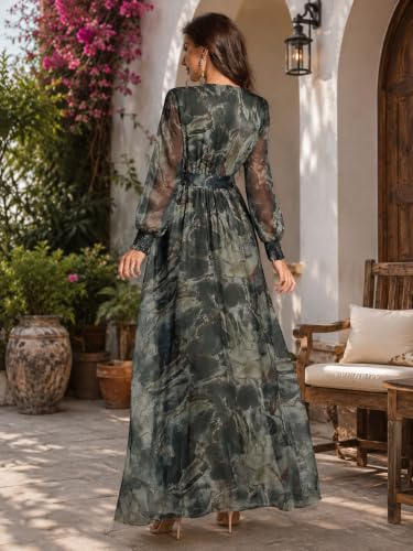 Image of LITZO Women's One Piece Dress - Georgette Floral Printed Western Gown | Long Sleeve V Neck Fit & Flare Flared Hem Design | A-Line Maxi Dress for Women | New Year Party Outfit (NO-08-10)