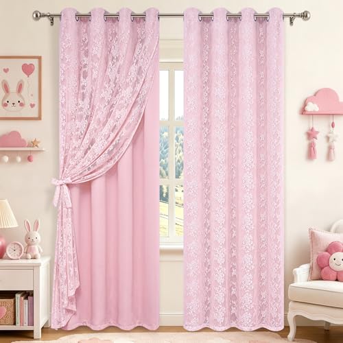 Image of Yinhua Pink Blackout Curtains Double Layer Curtains for Bedroom 84 Inch Length Nursery Curtain for Living Room, Grommet Drapes with Tiebacks, 2 Panels, 52 inch W x 84 inch L