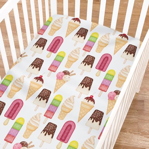 Image of Funny Ice Cream and Popsicles Baby Crib Sheet for Boys Girls 52"x28" Colorful Boho Summer Beach Soft Breathable Toddler Nursery Bed Sheet Fits Standard Crib and Toddler Bed Mattresses