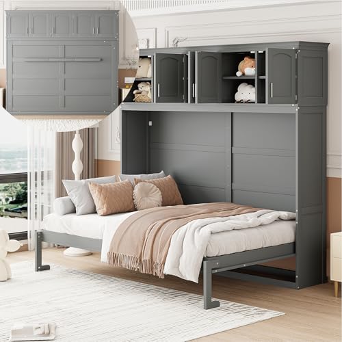 Merax Modern Murphy Cabinet Bed with Top Cabinets, Solid Wood Wall Platform Bed/No Box Spring Needed/Easy Assemble Full,Gray