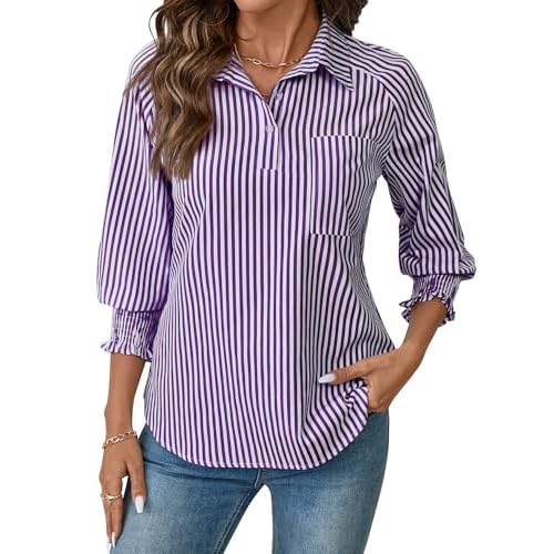 Kistore Women Blouses 3/4 Sleeve Button Down Shirts Smocked Cuffed Business Dressy Casual Tops with Pocket S-XXL