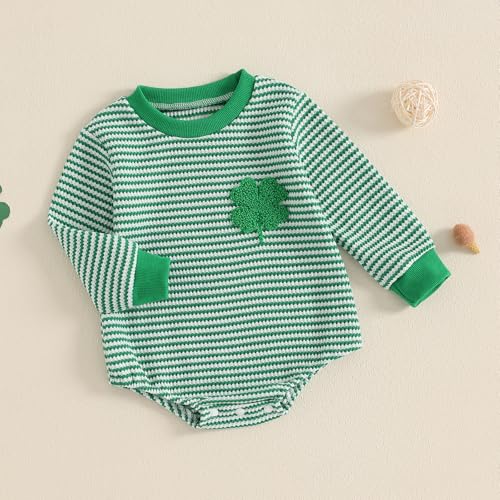 VISGOGO Baby Sweatshirt Romper Striped Heart/Clover Waffle St.Patrick Day Long Sleeve Irish Onesie Jumpsuits3
