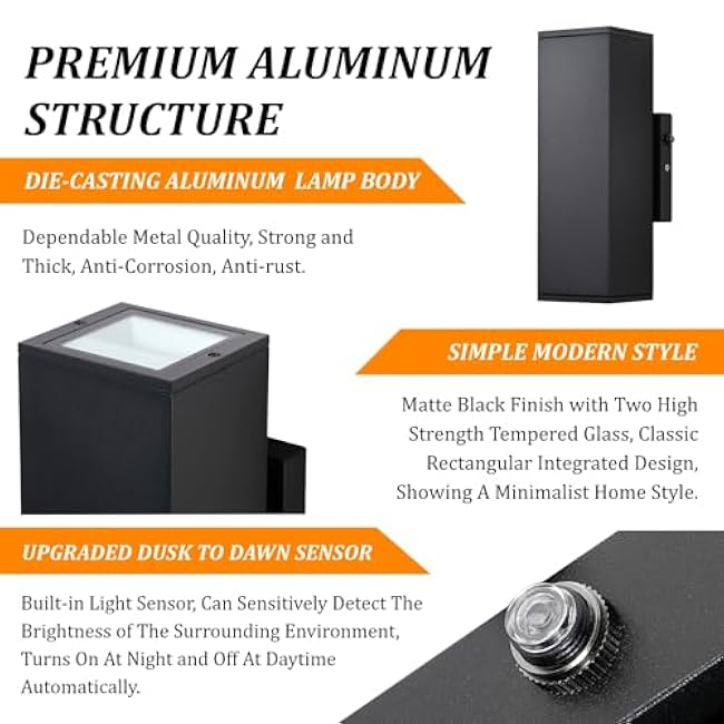 Dusk to Dawn Outdoor Lighting Sensor Porch Lights 2 Packs, 12W 2700K Integrated LED Up Down Lights Outdoor, IP65 Waterproof Aluminum Wall Sconce Exterior Wall Light for Porch Patio etc.