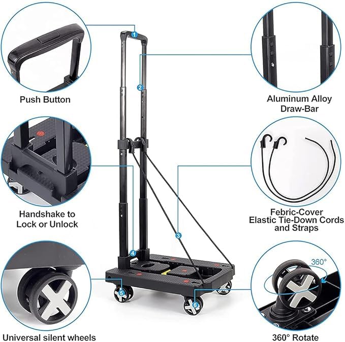 XINGHE Carro plegable de aluminio, capacidad de carga de 50 kg, correas tensoras integradas, con mango retráctil, ruedas grandes de marcha suave con banda de rodadura suave