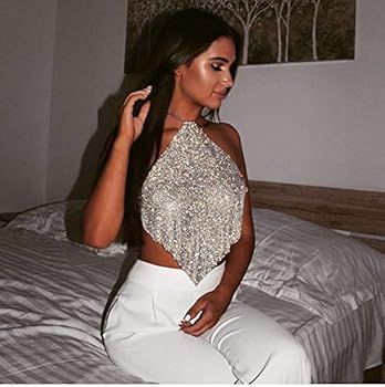 Women Sexy Shiny Rhinestone Tank Top Halter Metal Body Chain Crop