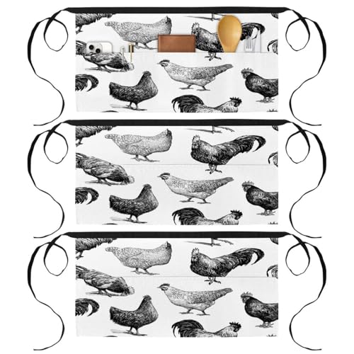 Tablier court de chef à motifs poules avec 3 poches pour cuisine lot de 3