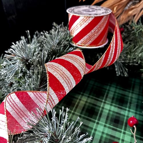 Image of Red Gold Striped Wired Ribbon - 2 1 /2 inch x 10 Yards, Christmas Tree Ribbon, Gift Basket, Wreath, Swag, Garland, Boxing Day, New Year's Eve, Anniversary