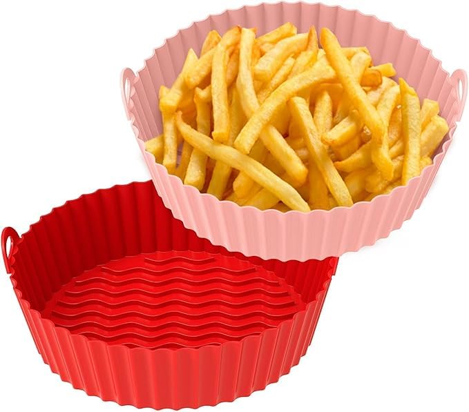 Image of Air Fryer Silicone Tray | Air Fryer Liners I Round Silicone Basket Baking Tray I Pot with Ear Handles I Nonstick Reusable Heat Resistant I Cooking Oven Insert Accessories (Pink + Red)