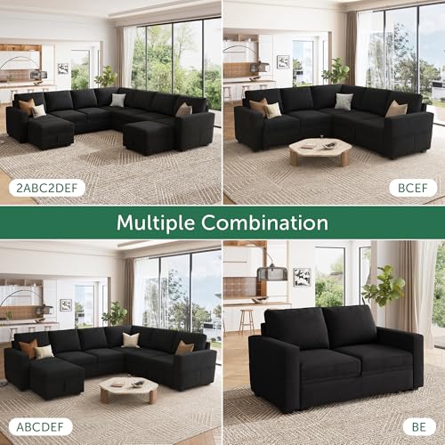 Image of HONBAY Modular Sectional Sleeper Sofa with Pull-Out Bed, Velvet L-Shaped Sofa with Storage Seat, Sectional Sofas for the Living Room, Black