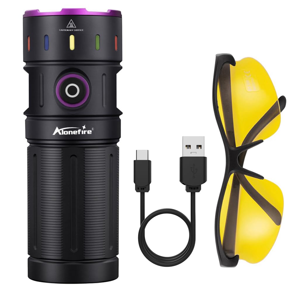 Alonefire SV140 Linterna UV 60W 365nm Profesional Recargable USB C Potente Pantalla Digital Luz Negra para Resina, Pesca, Escorpión, Minerales, Pegamento, Ámbar con Gafas Protectoras UV, Batería